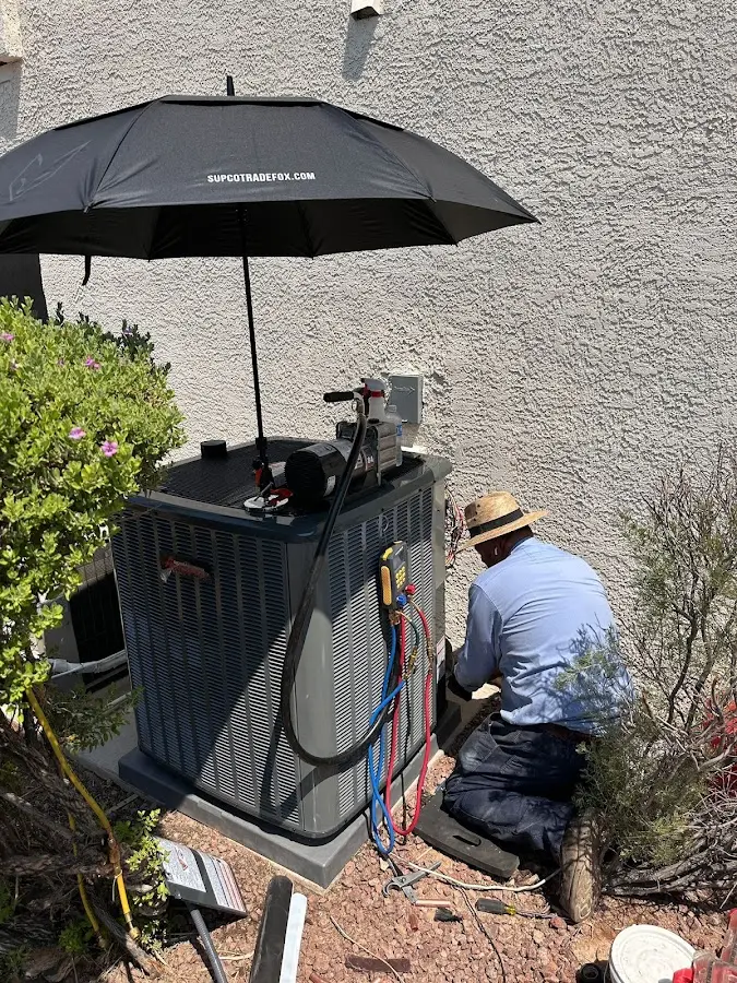HVAC technician performing outdoor AC maintenance in Sidney